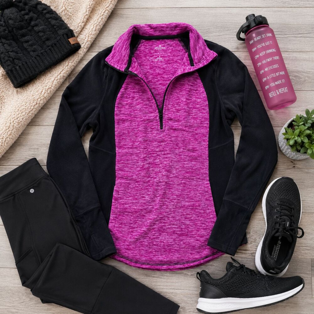 St. John’s Bay Active Half Zip Fleece Pullover Fuchsia Black Women’s S